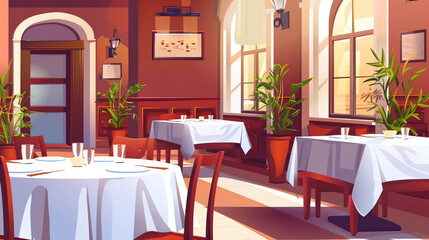 Fototapeta na wymiar 白いテーブルクロス　おしゃれなレストランの内観パース