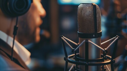 A business professional conducting a live podcast, sharing industry insights and interviewing influential figures in the business world.
