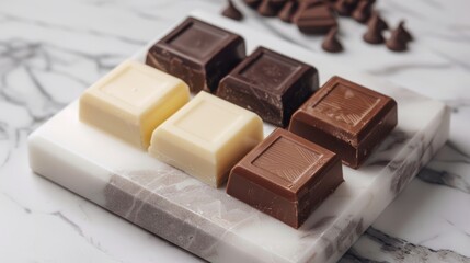 Assortment of milk chocolate, dark chocolate, white chocolate and coconut chocolates on a marble slab. World Chocolate Day