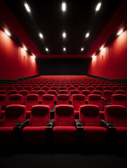 View into the auditorium of a large cinema or modern theater with comfortable red seats