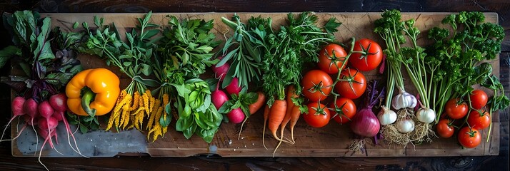 A vibrant assortment of fresh vegetables and herbs arranged on a rustic cutting board, hinting at the culinary delights waiting to be prepared