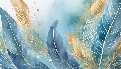 luxury background with watercolor feathers in line art with gold decor pattern in blue tones for the design of invitations packaging weddings