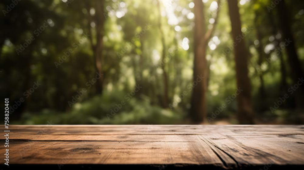 Poster empty wooden table in front of forest background
