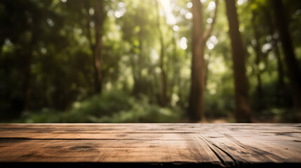 Empty wooden table in front of forest background - obrazy, fototapety, plakaty