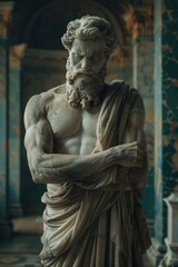 Obraz premium Mysterious ancient greek, roman male stoic statue, sculpture in dramatic lighting, shadows highlighting the impressive muscular build and classical beauty. 