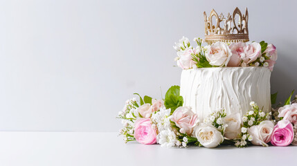 White crown cake with textured frosting, decorated with spring flowers and greenery, evokes a sense of renewal and celebration. For wedding invitations, culinary sites, birthdays. 