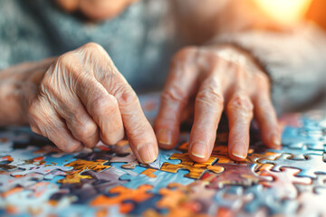 Prevention of mental illnesses, Alzheimer's and memory loss, old man's hands solving puzzle - obrazy, fototapety, plakaty