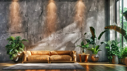 Sleek Modern Living Room Design, White Sofa Against Concrete Wall, Minimalist Style with Luxurious Touches