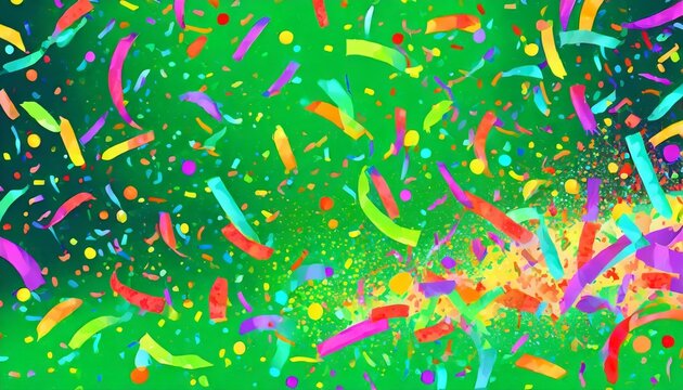 a festive and colorful party with flying neon confetti on a green background