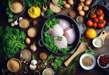 Fototapeta na wymiar Cooking pot and various organic ingredients top view stock photoFood Backgrounds Table Cooking Vegetable