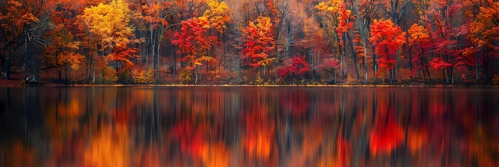 Deurstickers A vibrant autumn landscape with trees ablaze in shades of red, orange, and gold, reflected in the still waters of a lake © forall