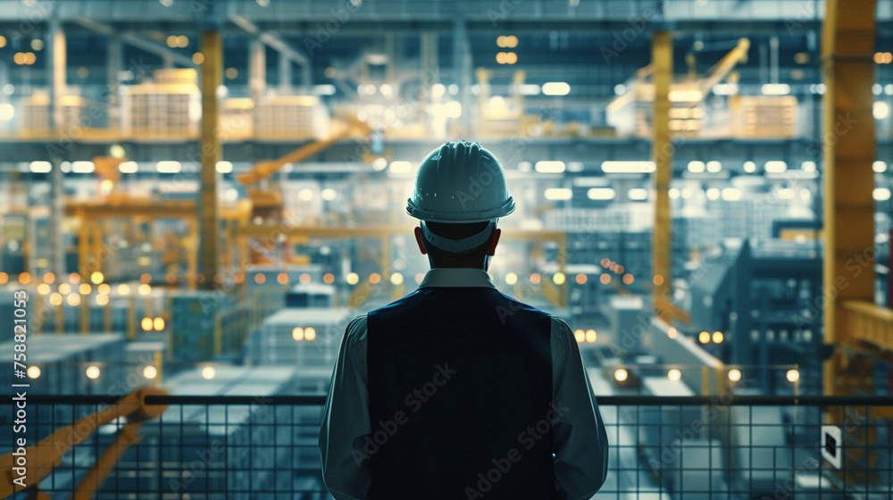 Poster from behind, the engineer in a hard hat navigates the software interface to oversee the automation o