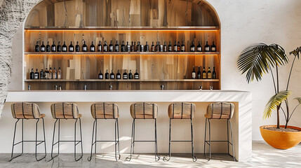 Chic Bar Interior Design, Modern Style with Wooden Tables and Ambient Lighting, Elegant Cafe Atmosphere