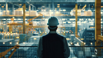 From behind, the engineer in a hard hat navigates the software interface to oversee the automation of a robotic machine in a modern warehouse, with industrial facilities stretching