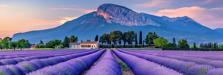 A vibrant lavender field stretches as far as the eye can see, with a majestic mountain towering in...