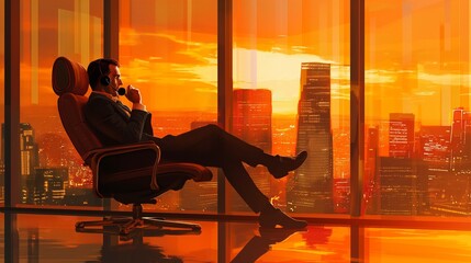 A businessman negotiating a deal on a phone call while sitting in a stylish office chair with a city skyline in the background.