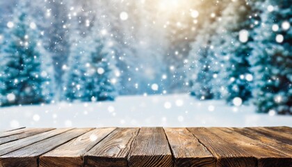 empty wooden table in front of snowy christmas background