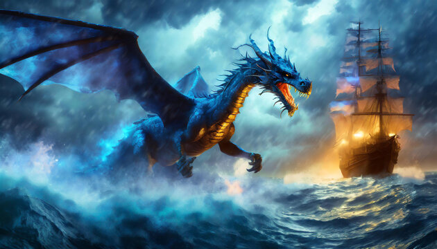 dragon dans la temp&ecirc;te qui attaque un bateau trois-m&acirc;ts, sc&egrave;ne fantastique