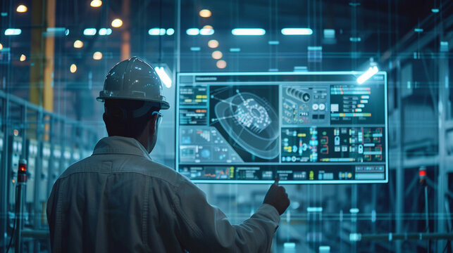 Against the backdrop of advanced technology, an engineer in a hard hat navigates the software interface, meticulously controlling the automation of a robotic machine in a modern wa
