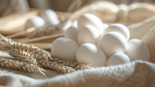 A bunch of white eggs is neatly arranged on top of a table, with Easter eggs adorned with wheat ears in the background