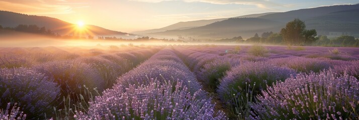 A field of lavender flowers dances in the setting suns golden glow, creating a serene and magical...