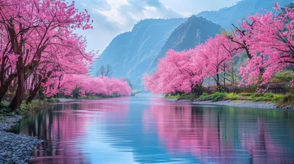 Fotobehang A picturesque river flows gently, surrounded by a vibrant display of pink cherry blossom trees in full bloom, creating a stunning pink canopy above © nnattalli