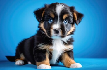 puppy with blue eyes on blue background,funny purebred dog,bern mountain dog,