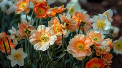 Obraz na płótnie Canvas A collection of vibrant orange and white flowers blooming together in a spring garden, showcasing a fresh burst of color and life