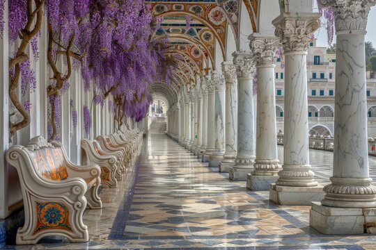 A serene arcade lined with blooming wisteria blossom overlooks 
