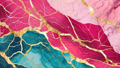 kintsugi illustration of hot pink sea blue marble texture background with wavy cracked gold details