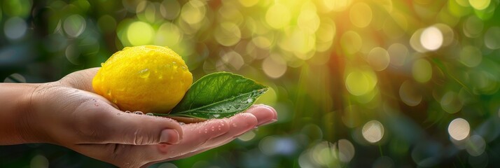 Hand holding fresh lemon with selection of lemons on blurred background, copy space for text