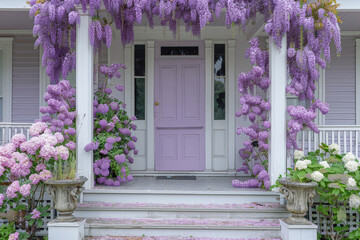 A quaint house entrance graced by cascades of blooming purple wisteria, with petals scattered on the steps