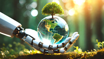 Earth crystal 3d glass globe ball and tree in robot hand saving the green environment - obrazy, fototapety, plakaty