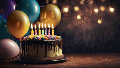 Happy birthday cake with candles, balloons in soft focus background Copy Space - obrazy, fototapety, plakaty