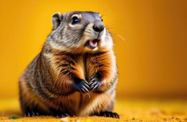 Groundhog day,groundhog on yellow background,small animal standing on hind legs