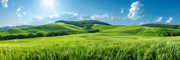A serene green field stretches out beneath rolling hills in the distance, creating a tranquil and picturesque landscape