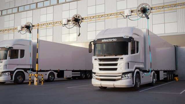Generic electric semi trucks with cargo trailer charging at loading docks of a warehouse or logistic center. Decarbonisation and sustainable business concept. Realistic 3d animation rendering
