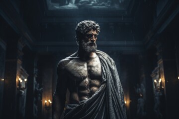Fototapeta na wymiar Mysterious ancient greek, roman male stoic statue, sculpture in dramatic lighting, shadows highlighting the impressive muscular build and classical beauty. 