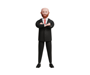 Obraz premium 3D confident adult businessman in black suit standing with crossed arms. CEO, entrepreneur, leadership, success, management concept. 3d illustration