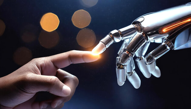 Human finger delicately touches the finger of a robot's metallic finger dark blue Background