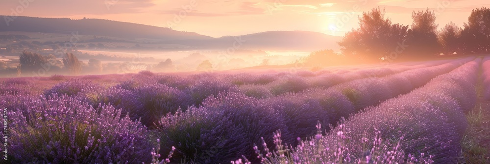 Poster a serene field of lavender flowers bathed in the warm glow of the setting sun, creating a breathtaki