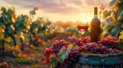 Foto op Plexiglas Romantic sunset with wine, grapes and appetizers with mountain landscape, gardens and vineyards on the background © Myroslava