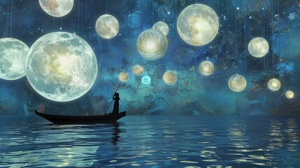 In the tranquil embrace of a moonlit night, a lone figure rows a boat across a sea aglow with the ethereal light of multiple moons. 

