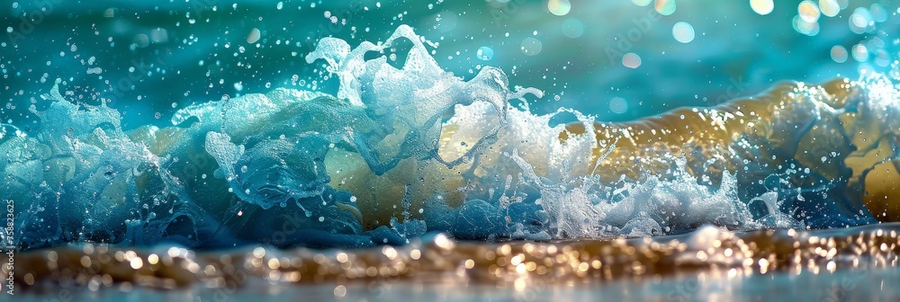 Poster A mesmerizing close-up capturing the graceful dance of a wave as it crashes onto the sandy beach, creating delicate patterns and textures