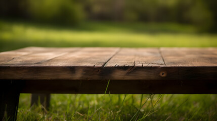 Empty wooden table in front of grass background - obrazy, fototapety, plakaty
