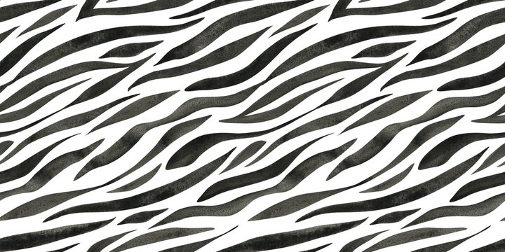 Zebra skin imitation watercolor seamless pattern. Stripy black and white print. Animal texture background for fabric, cards, covers, posters, invitations, scrapbooking, packaging papers