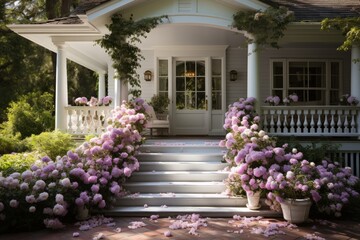 Sunlight filters through trees onto a charming cottage with overflowing hydrangea blooms on its steps