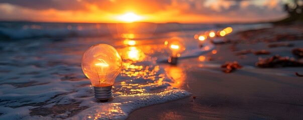 glowing light bulbs on a beach at sunset