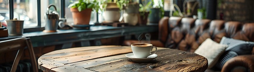 A wooden table with a white cup of coffee on it. The table is surrounded by potted plants and a...