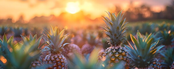 A field of pineapple plants with the sun setting in the background